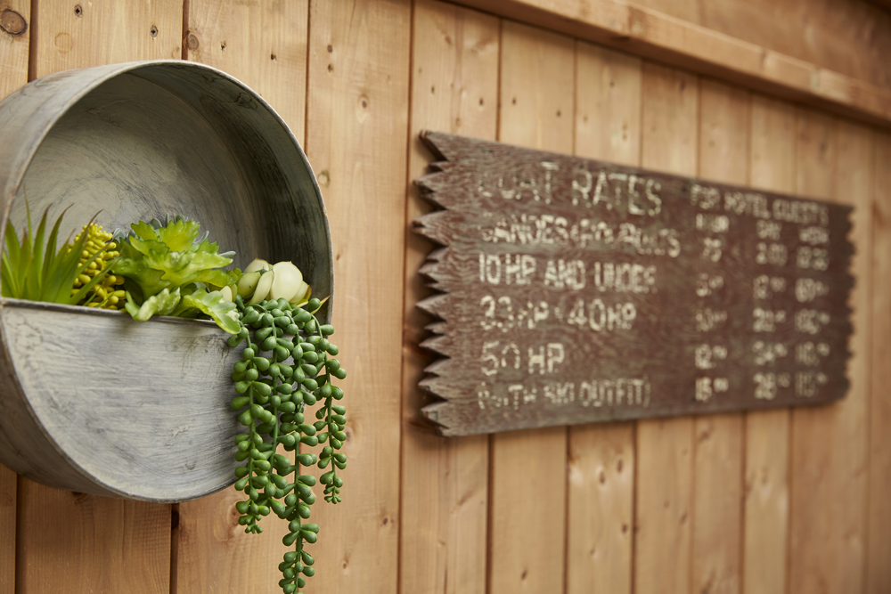 A circular potted plant and rustic signage on a backyard fence