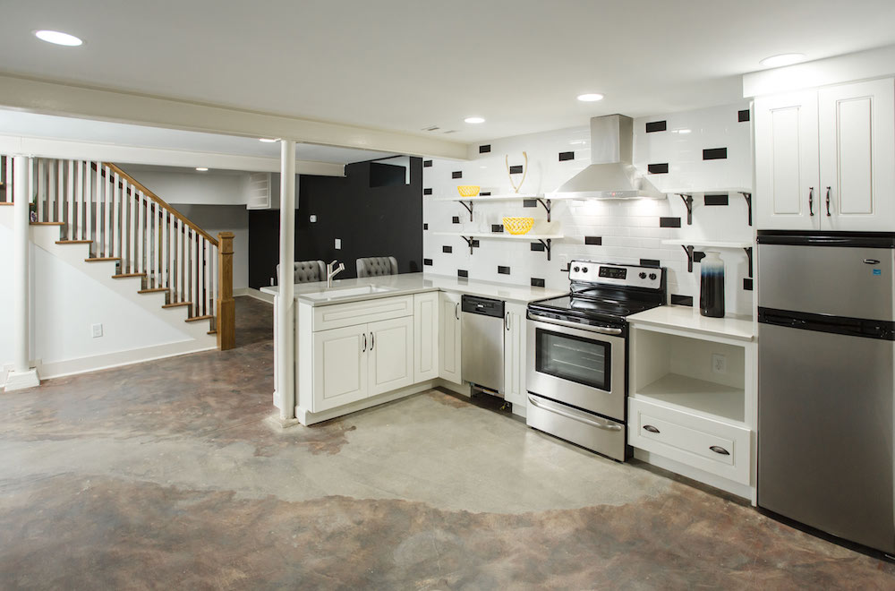 Basement renovation with kitchen backsplash