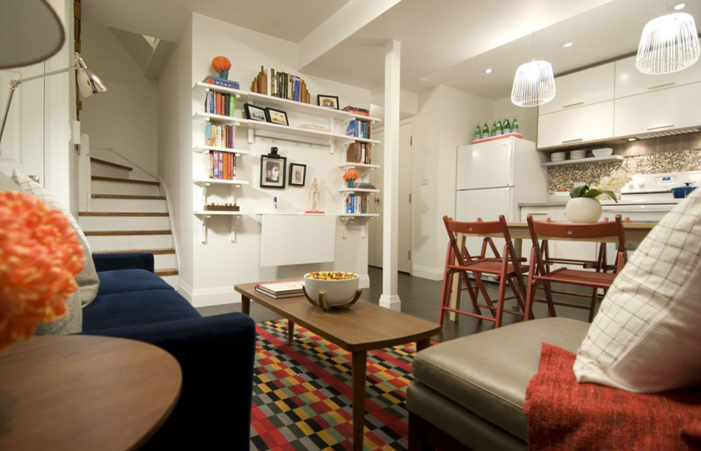 Basement renovation with shelving for books