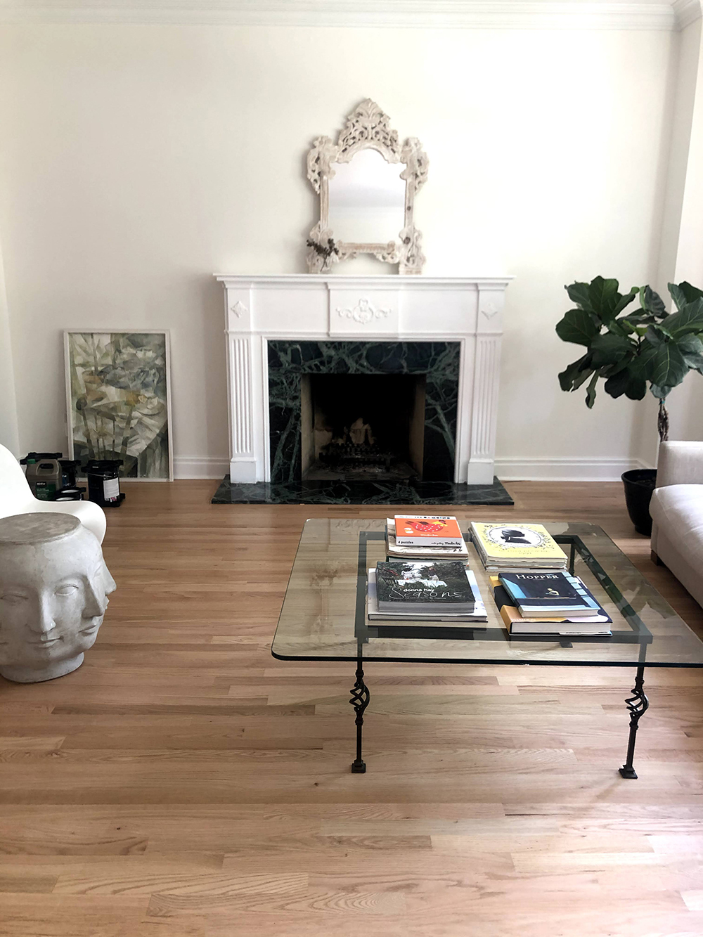 Living room with coffee table and fireplace