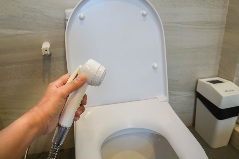 Woman holding bidet attachment over toilet seat