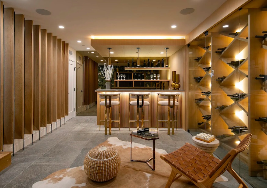 A bar featuring accented strips of bronze mirror