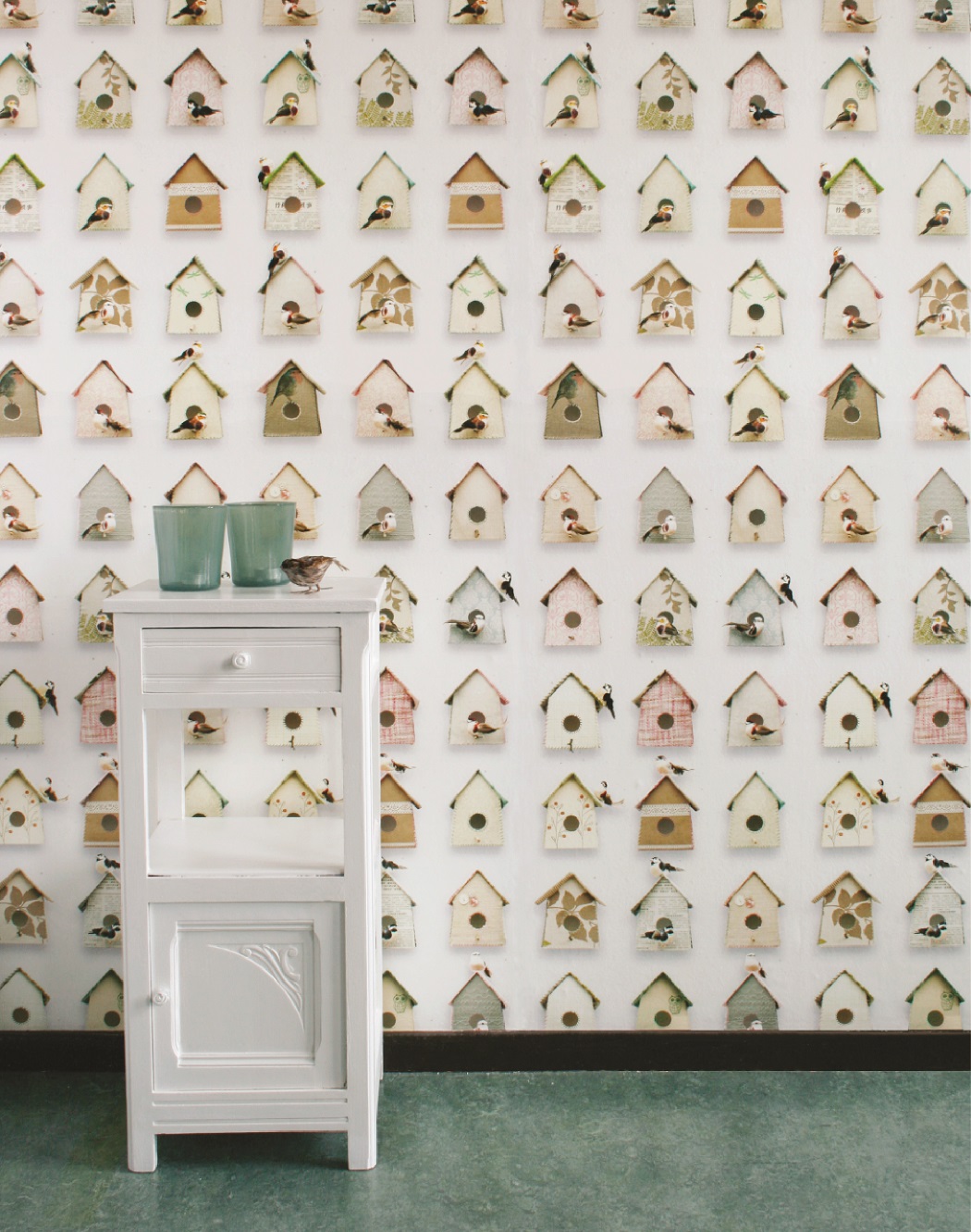 Adorable birdhouse-print wallpaper by The Pattern Collective.