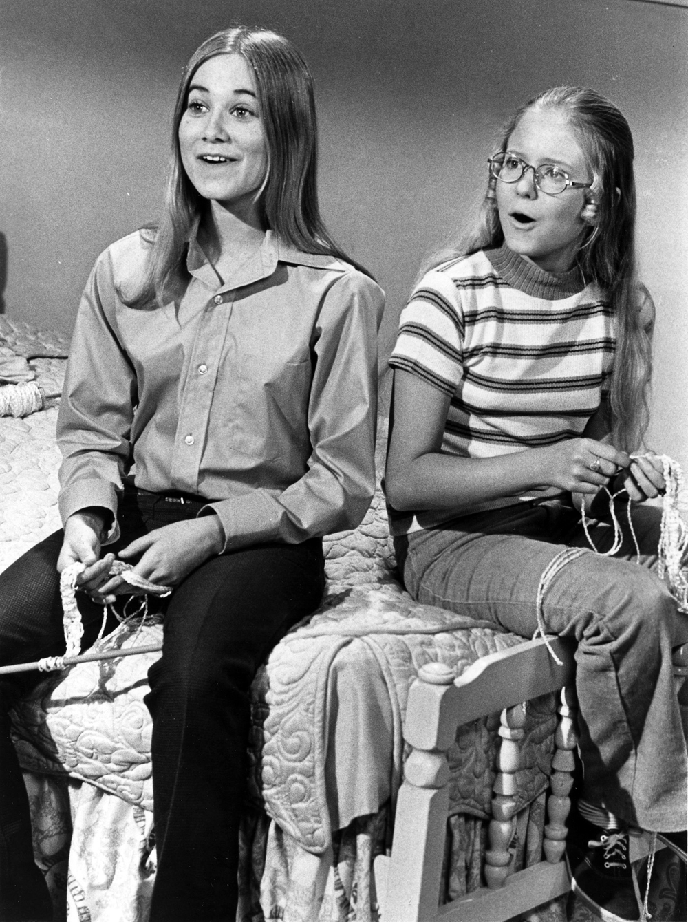 Former child stars Maureen McCormick and Eve Plumb on the set of The Brady Bunch in the 1970s