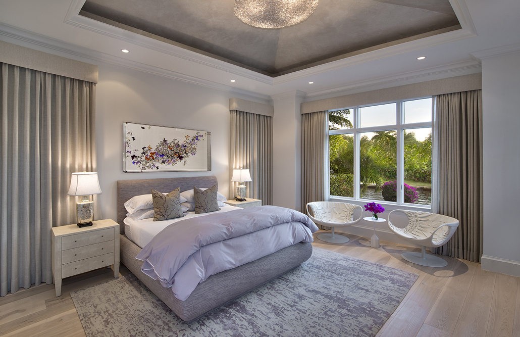 master lavender bedroom with vaulted ceiling