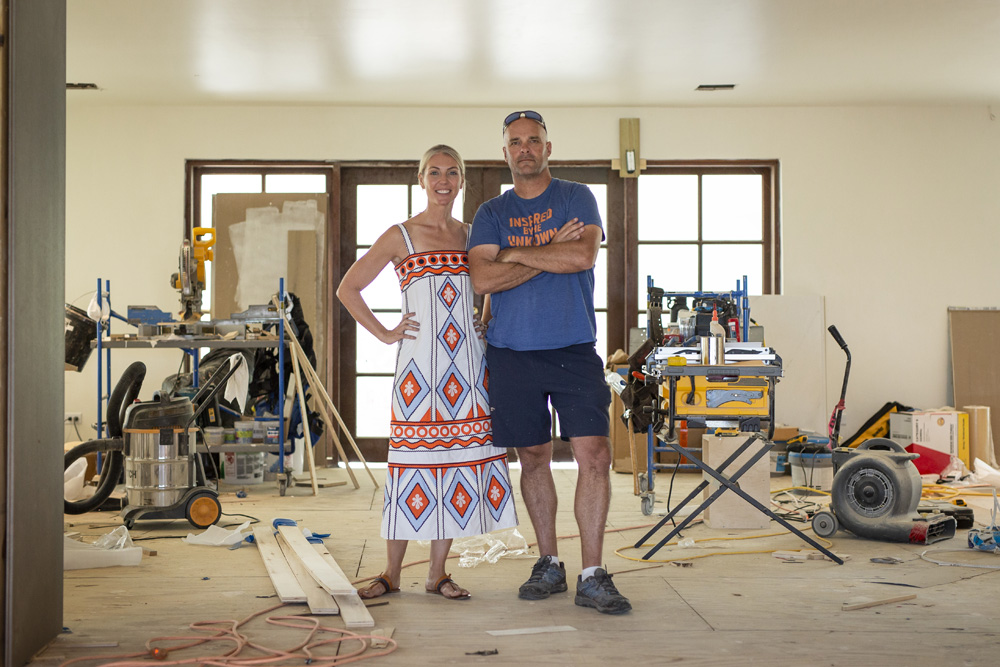 Sarah and Bryan in a villa on Island of Bryan that is being renovated.