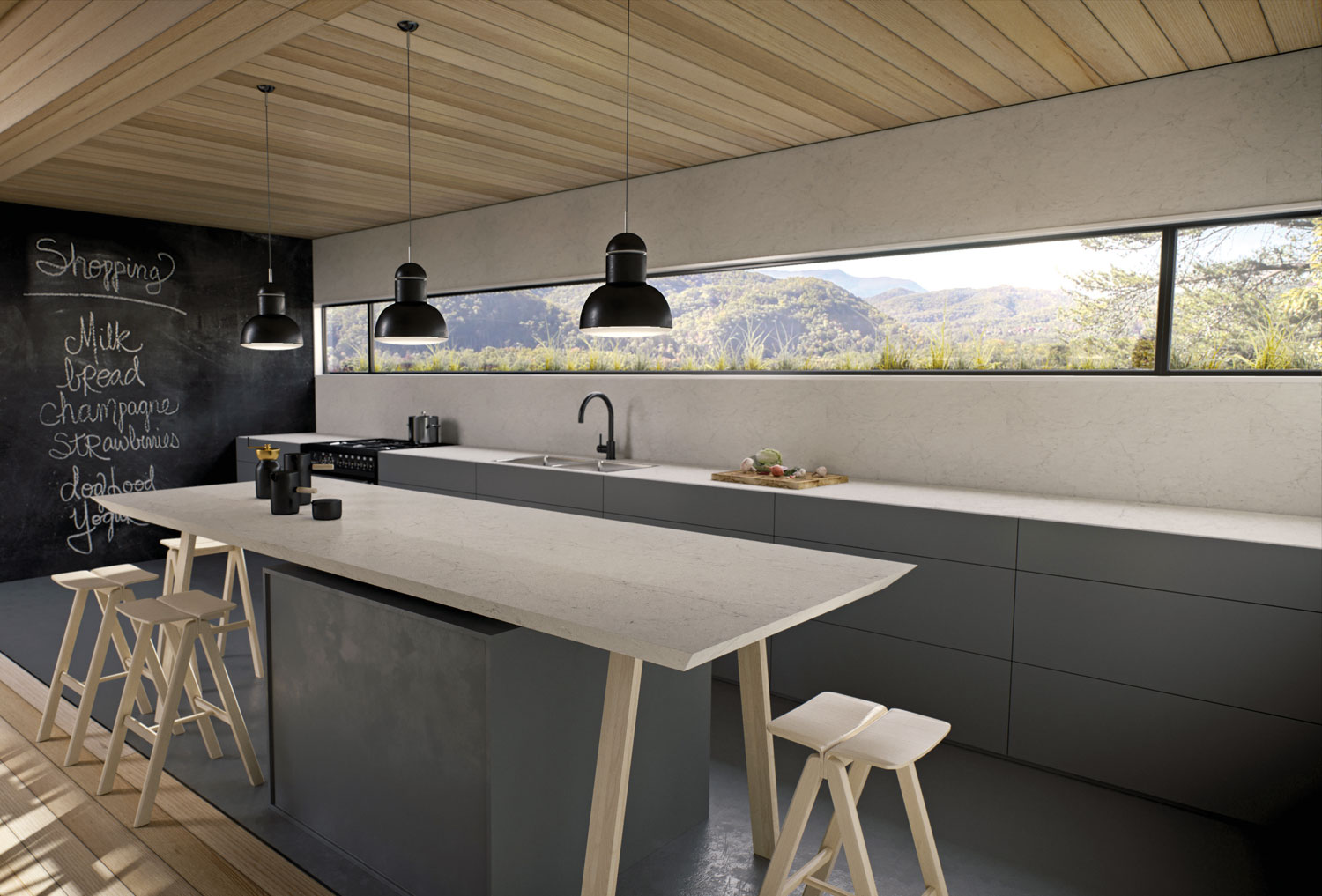 Modern grey kitchen with large horizontal window and chalkboard wall