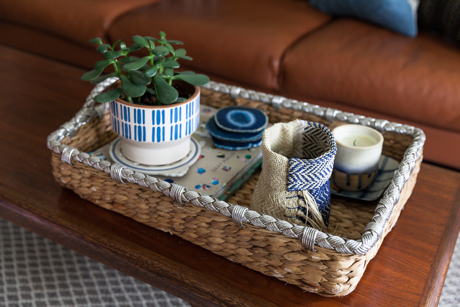 Coffee Table with Wicker Basket and Blue Accents