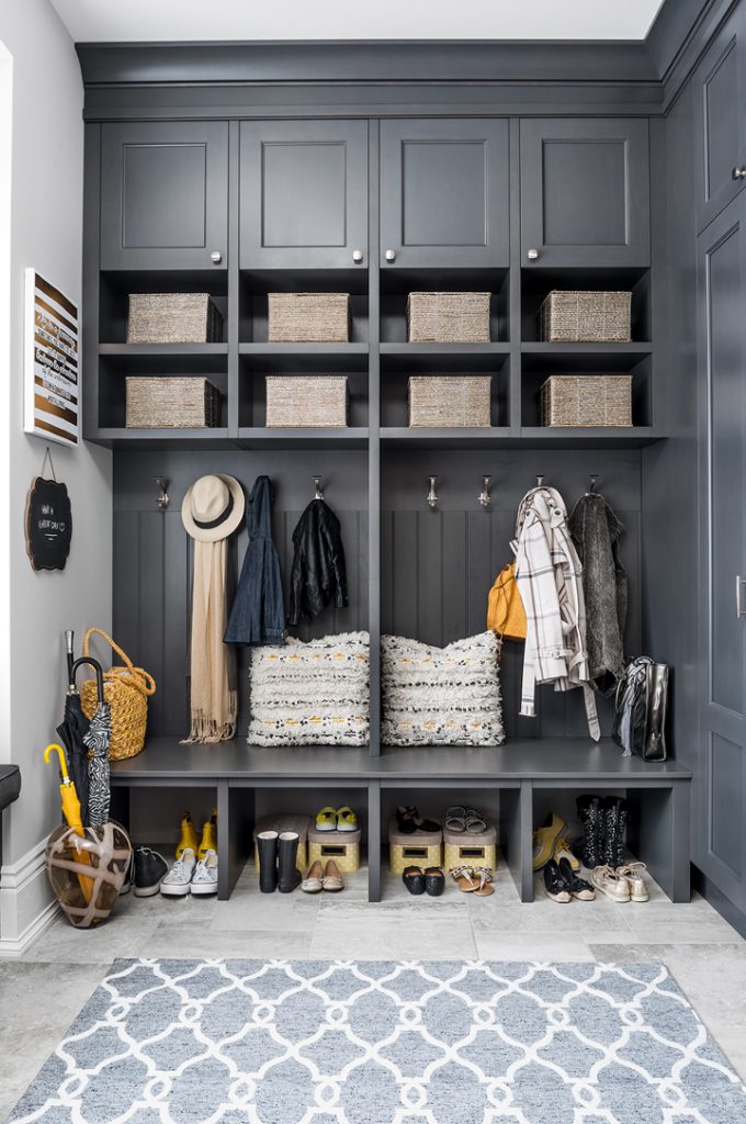 Mudroom with grey cabinetry