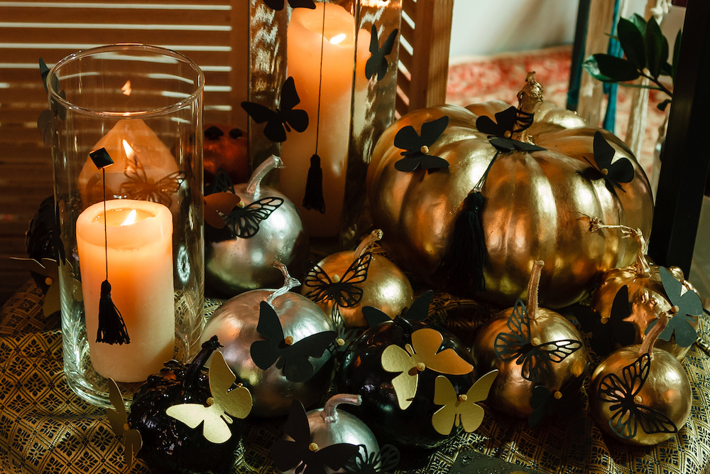 metallic pumpkins and halloween decorations