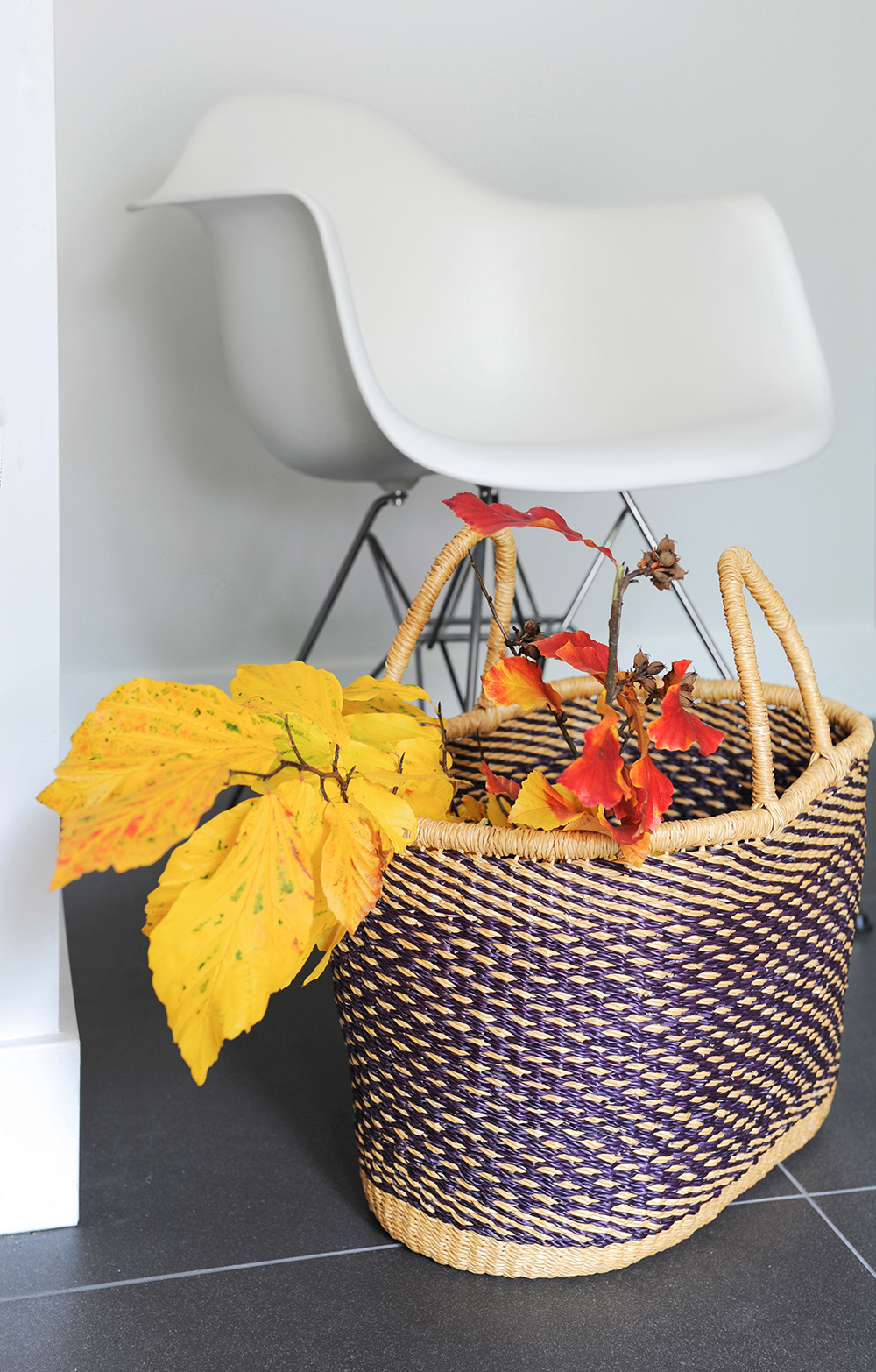 Textured basket introduces an organic element to the contemporary space.
