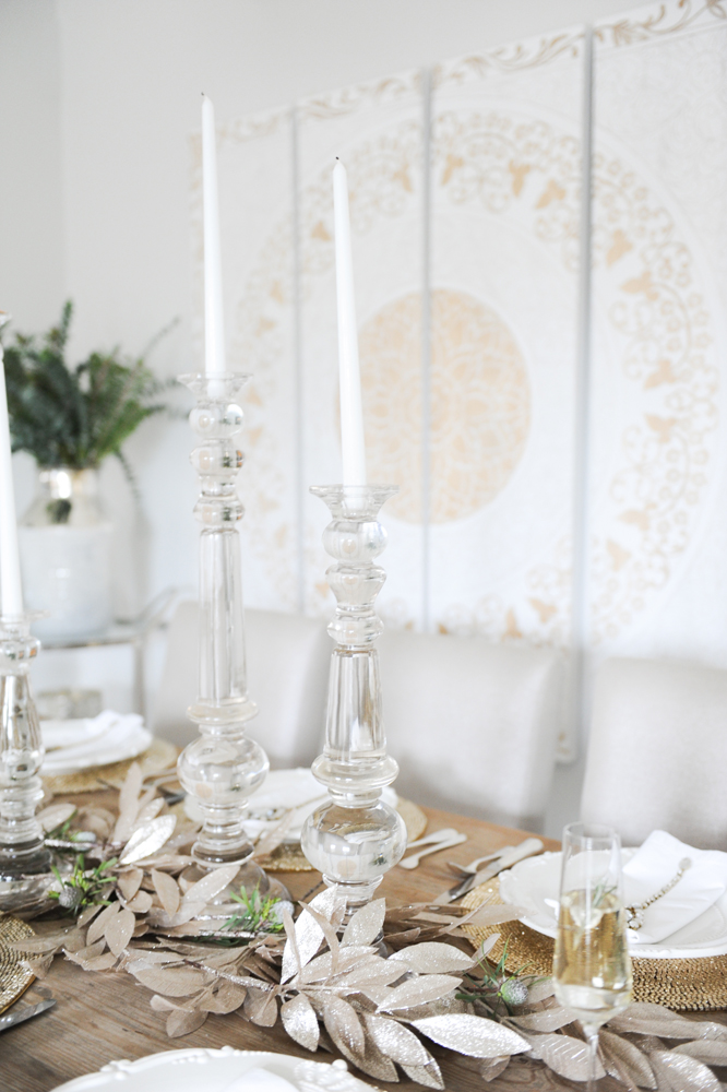 Clear candlesticks on dining room table