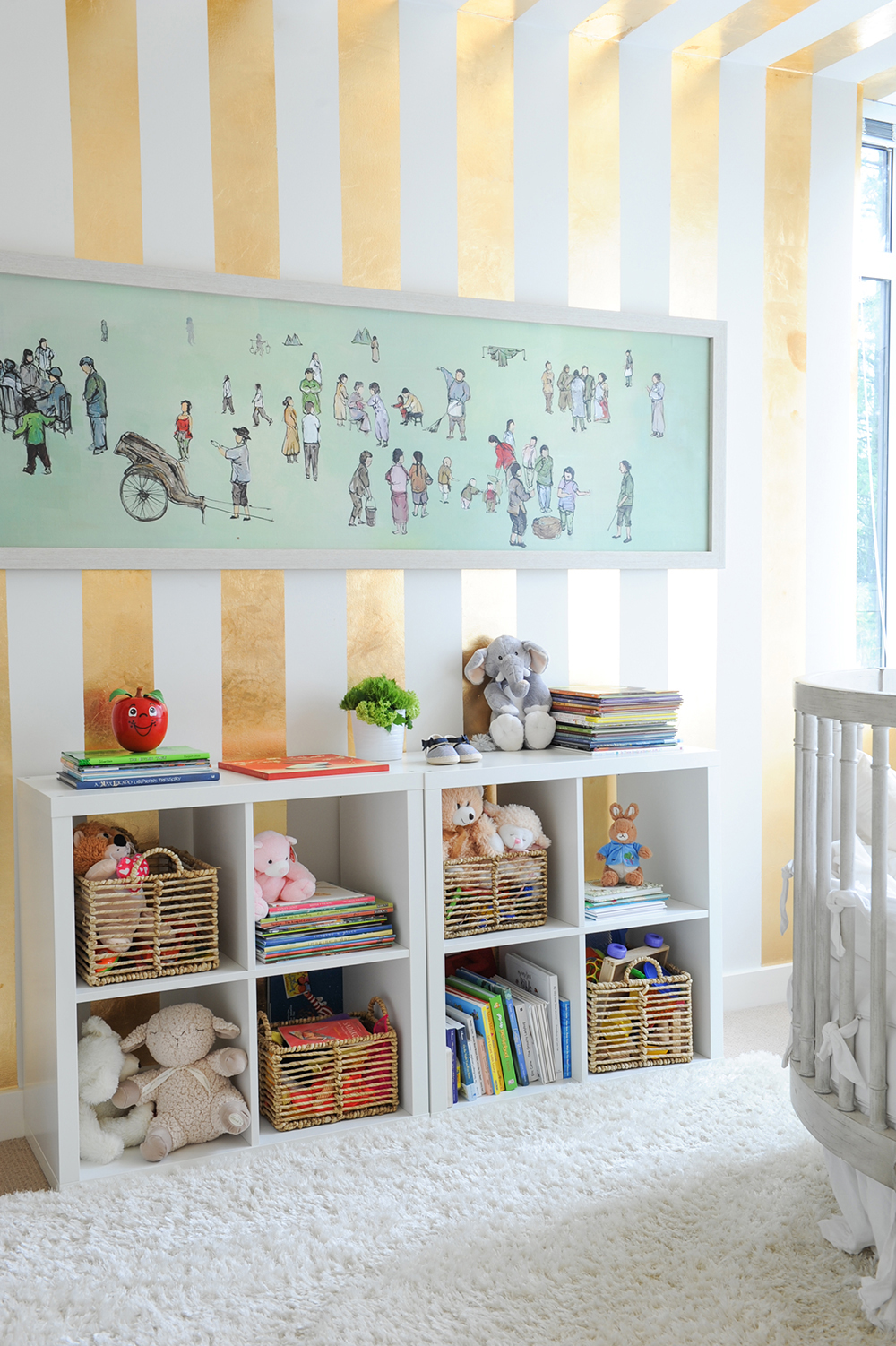 A stylish and glam nursery featuring global-meets-playful design details.