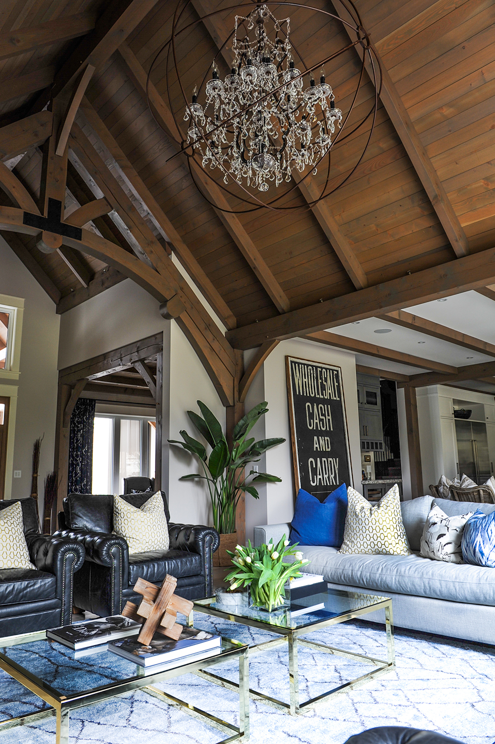 The living room's stunning chandelier, from Restoration Hardware