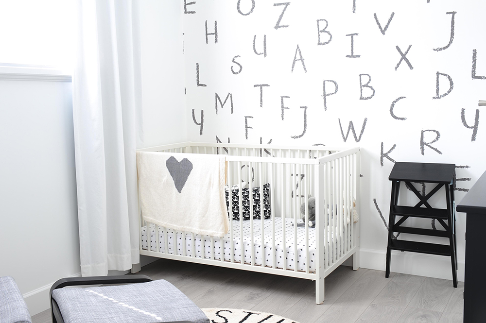 A graphic black and white nursery room.
