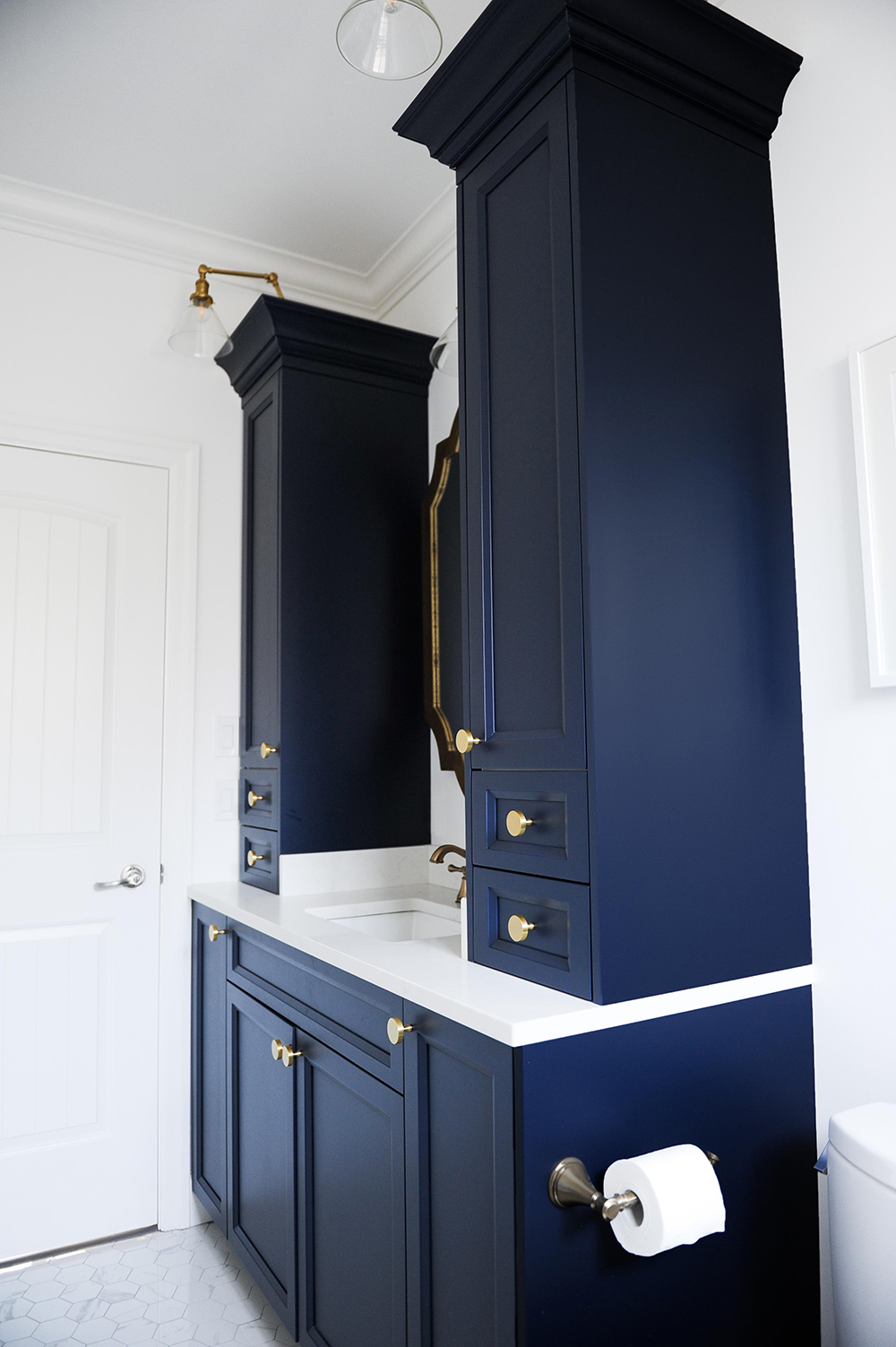 Custom cabinetry painted a dramatic shade of blue.