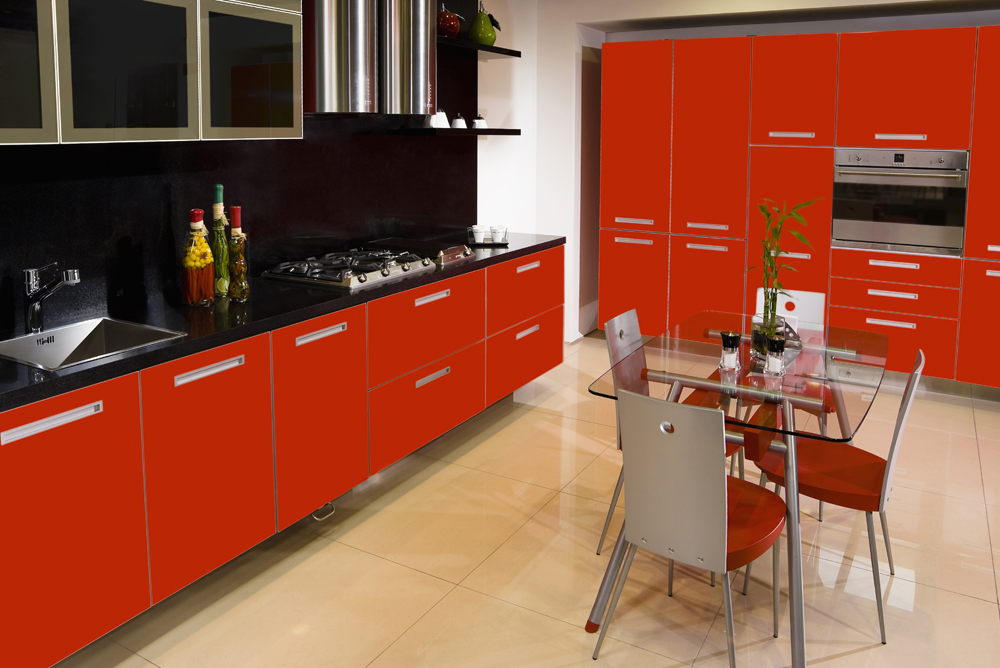Bright red kitchen cabiners
