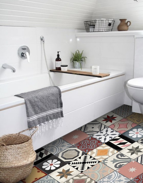 Colourful patterned faux decal floor tiles