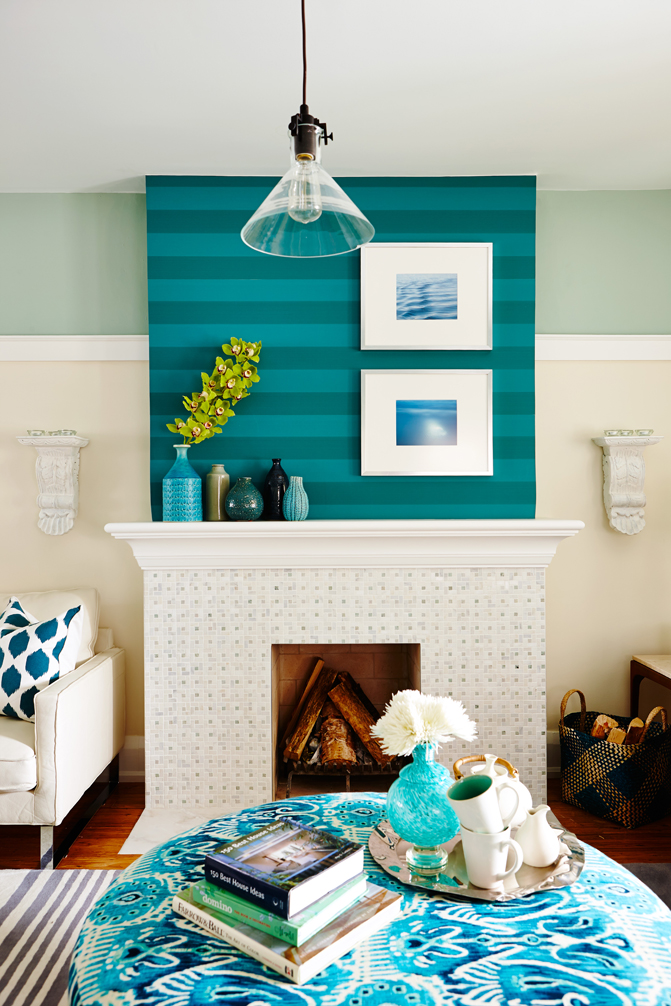 a fireplace with blue accents