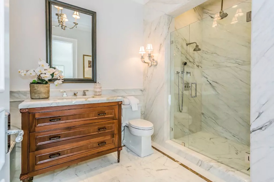 Marble shower in Beverly Hills Airbnb rented by Drake