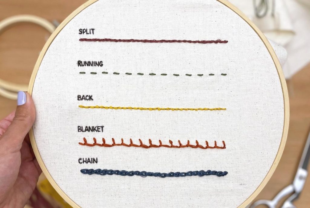 An example of five different stitches used in hand embroidery