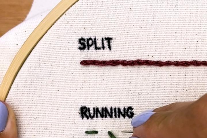 A close-up image of how to do a split stitch and a running stitch