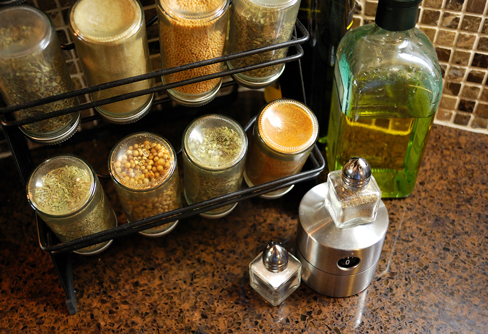 Pantry items, including spices and oil