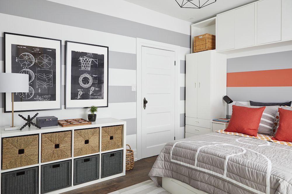 grey and white basketball-theme bedroom