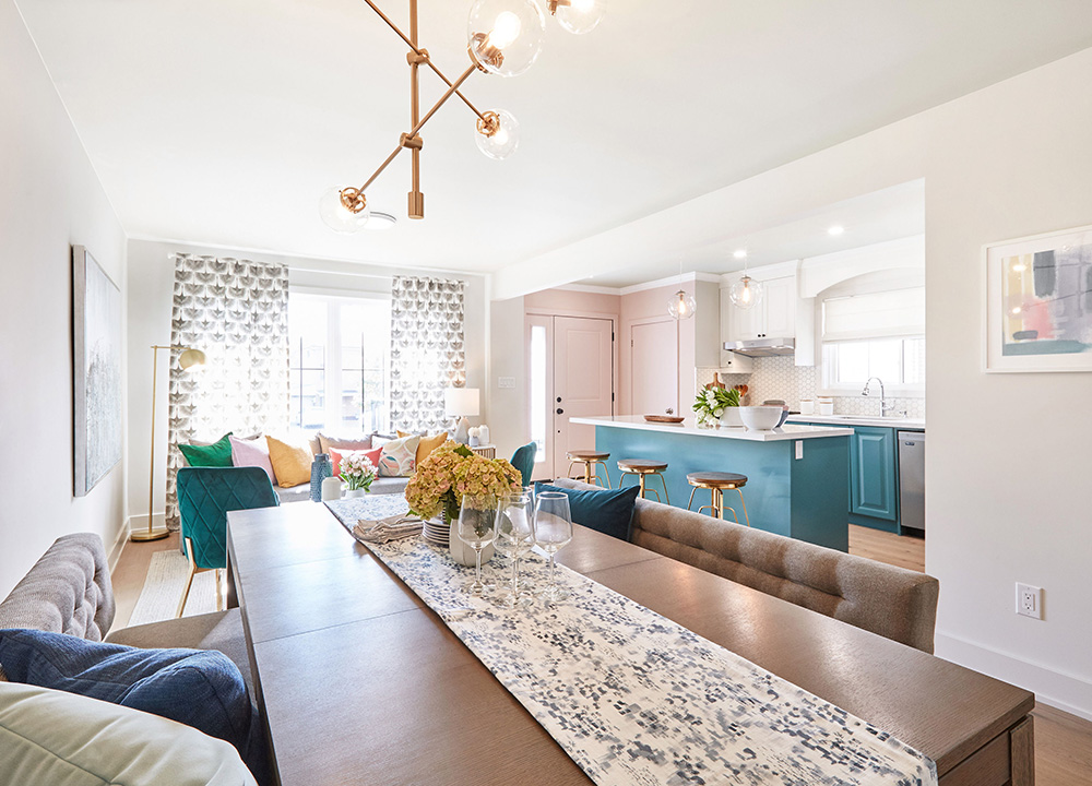 Open concept home with bold colour choices.