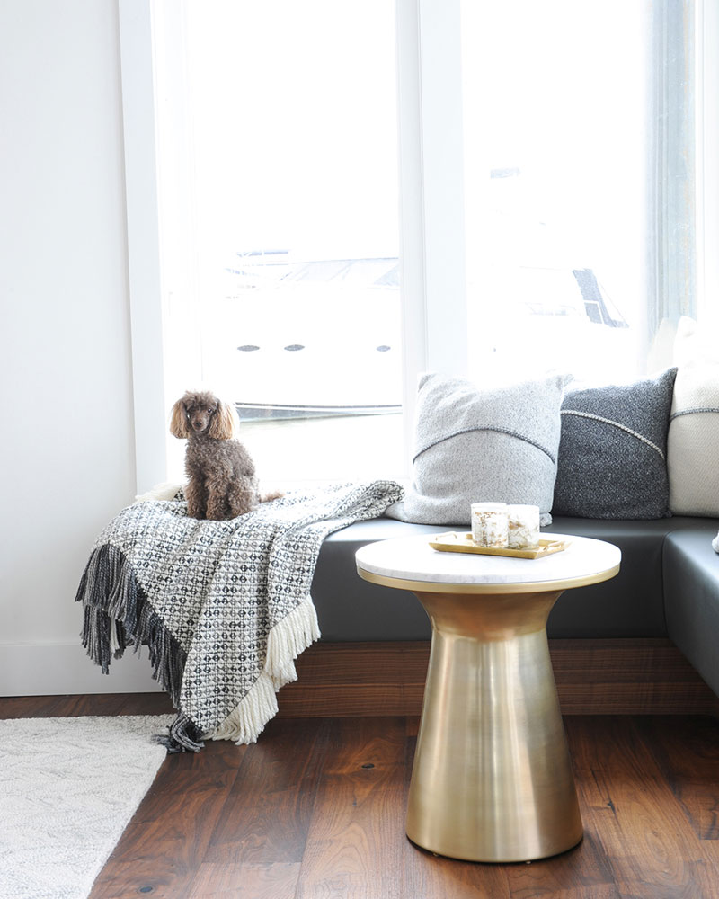brown poodle on leather and wood corner banquette