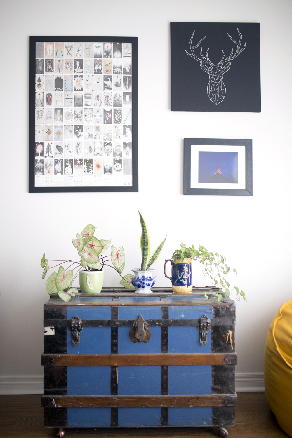 A blue vintage trunk topped with potted plants with print artwork hanging on the wall above it