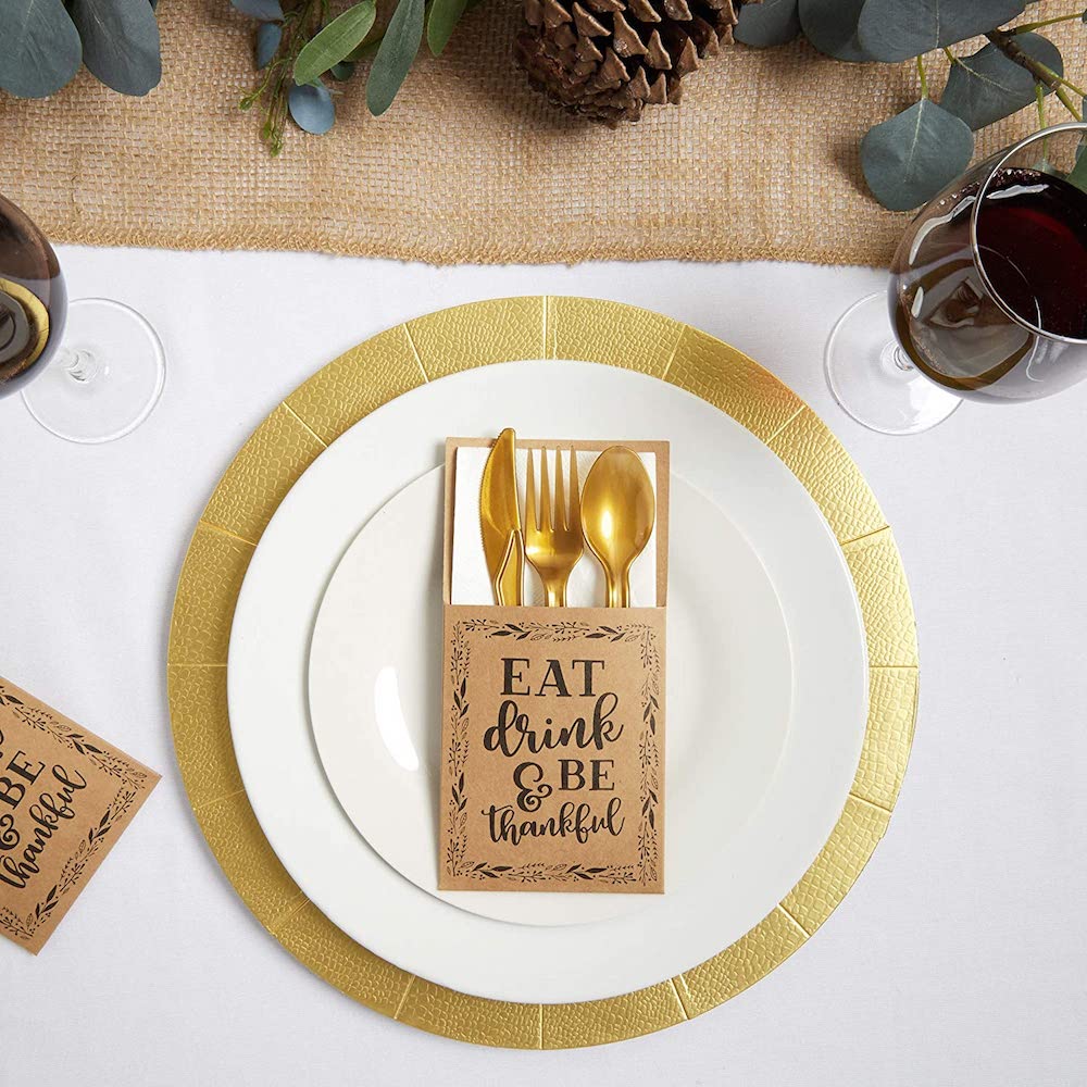 Pocket for holding utensils on a fall holiday plate