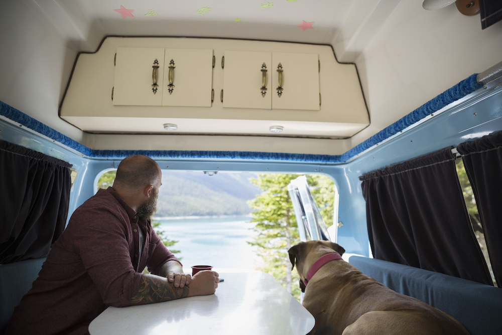 man and dog in retro camper van with overhead cabinets