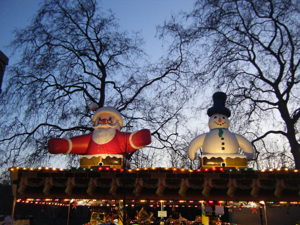 inflatable Santa and snowman at Hyde Park's Winter Wonderland