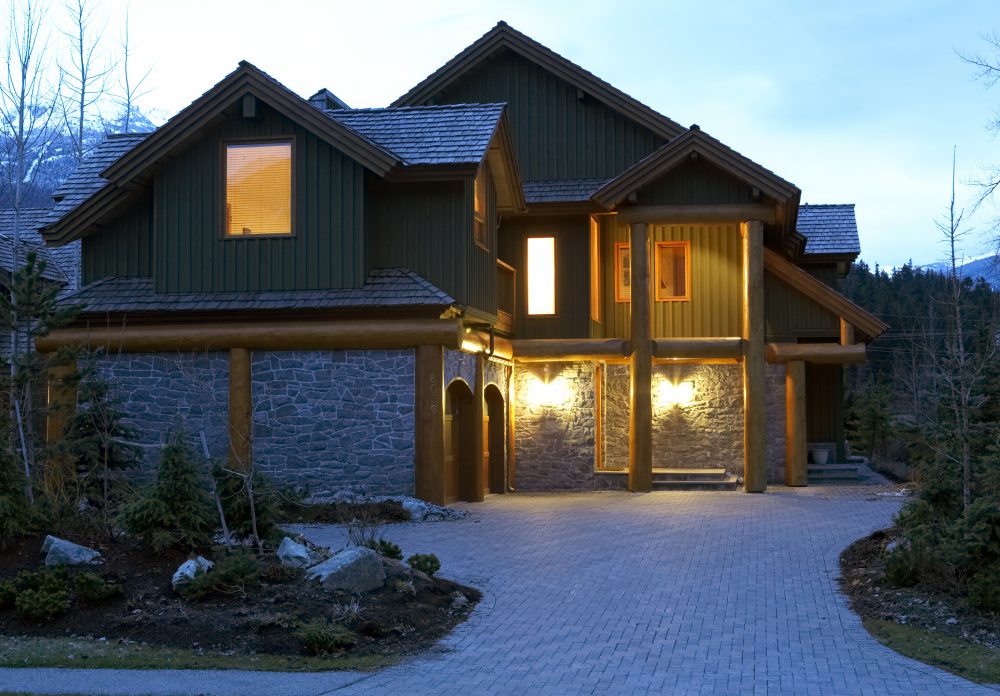 Exterior of a Whistler home at dusk.