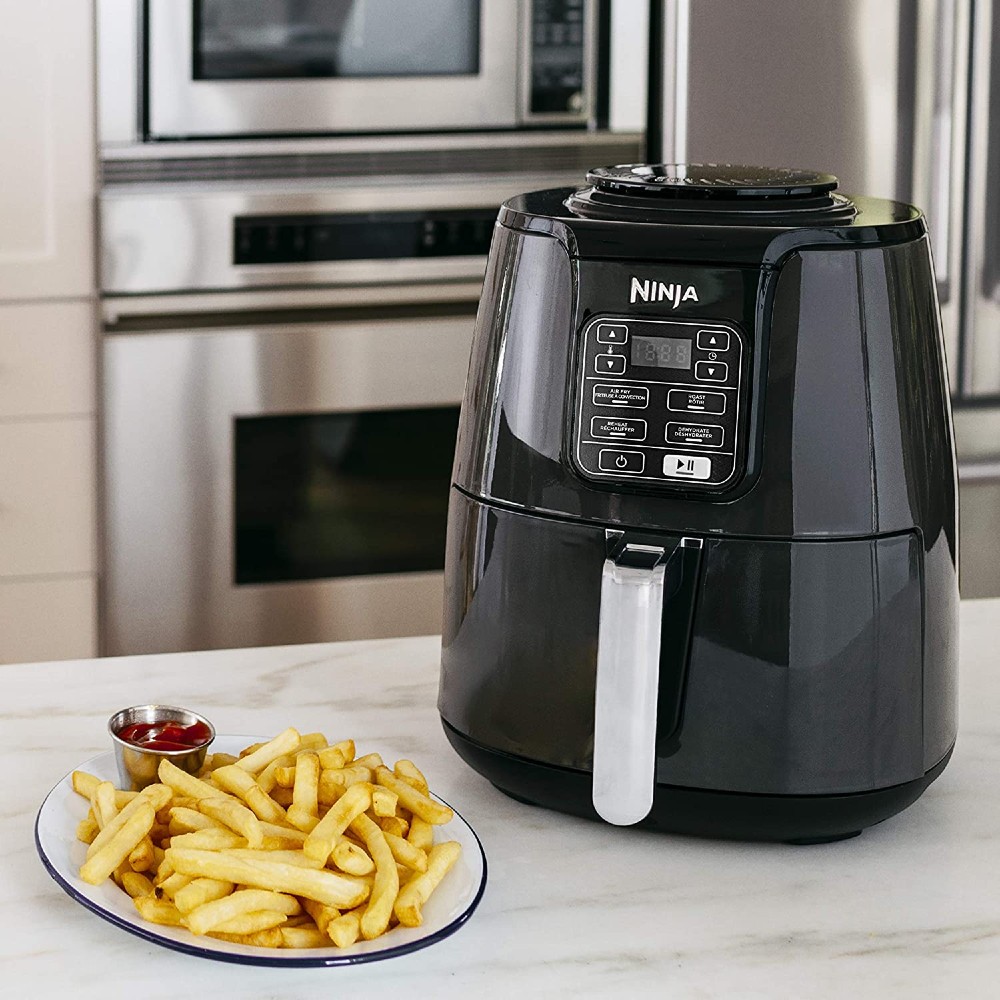 air fryer and a plate of fries