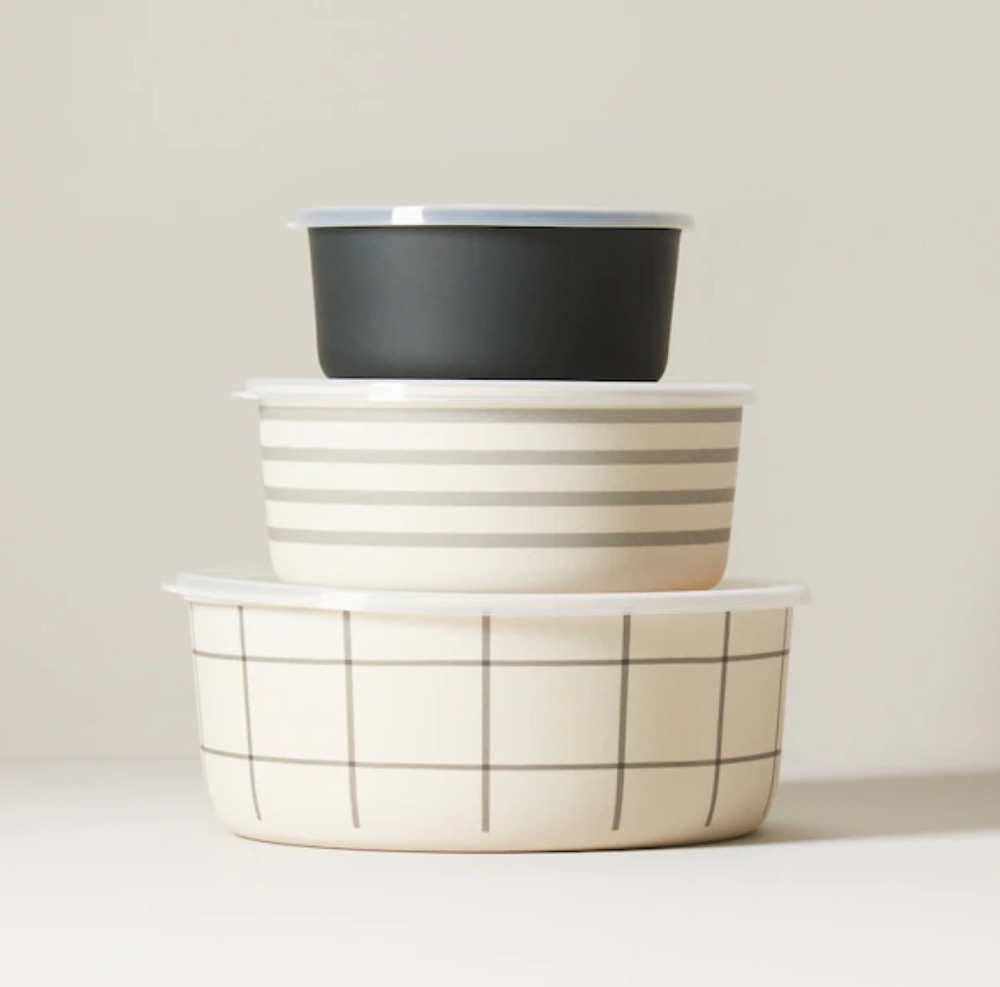 Nesting storage bowls with lids in unique prints
