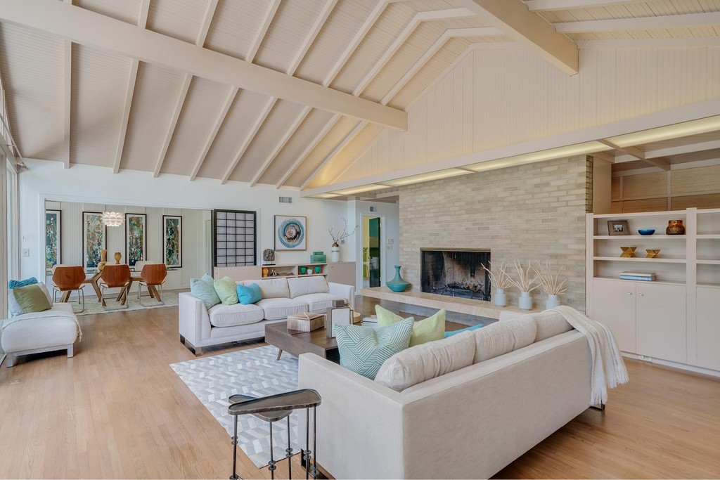 Mid-century modern living room with oak floors