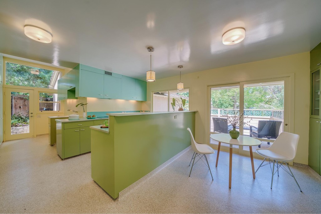Turquoise, green and blue mid-century modern kitchen