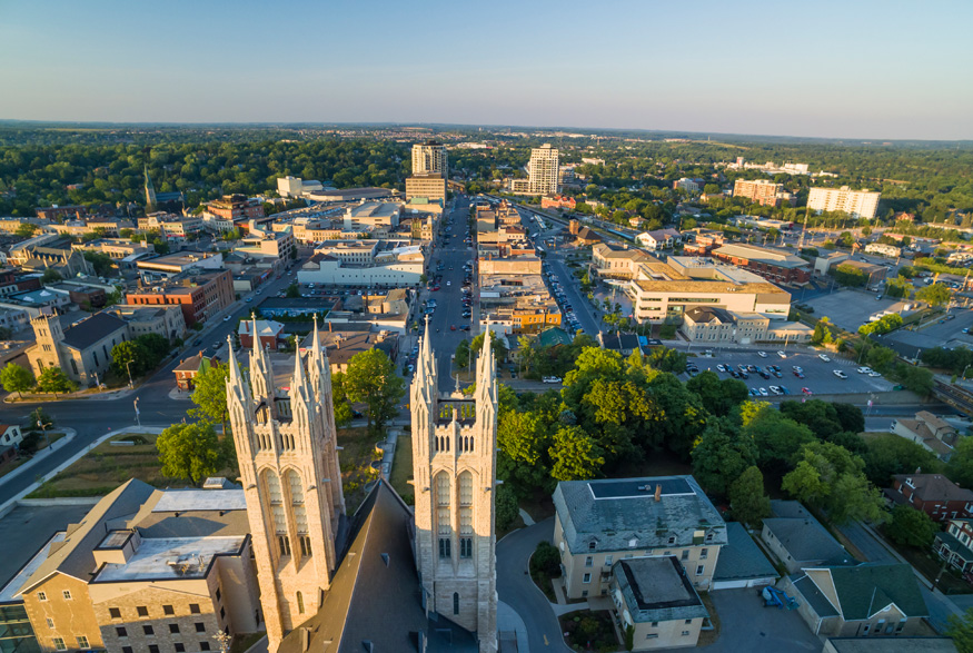 An aerial view of downtown Guelph, Ontario