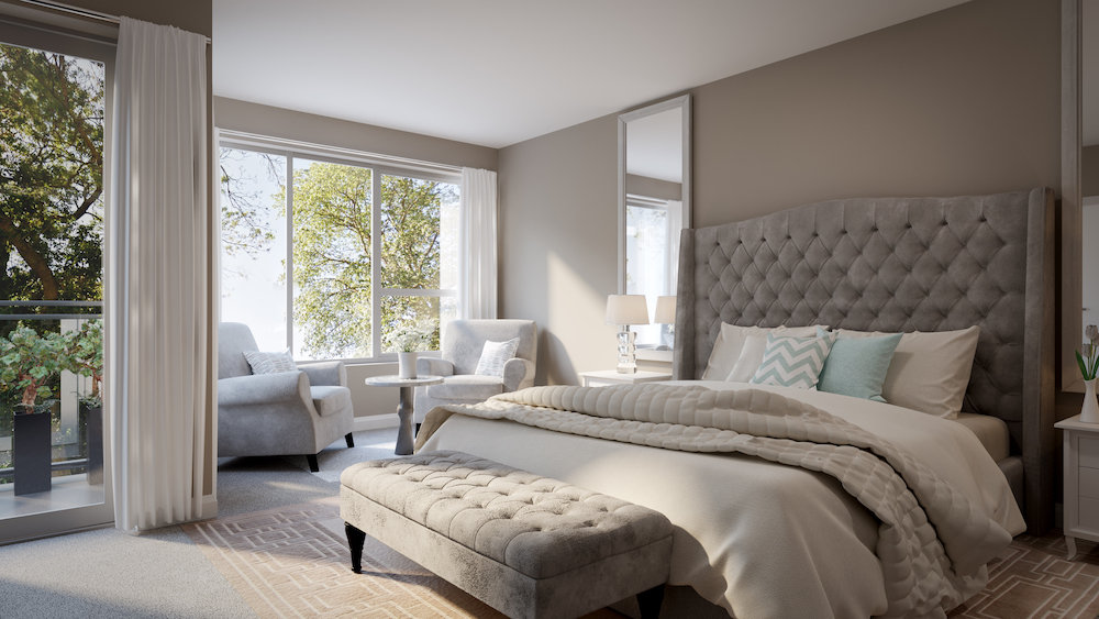 contemporary grey bedroom with headboard, bed, chairs and mirror