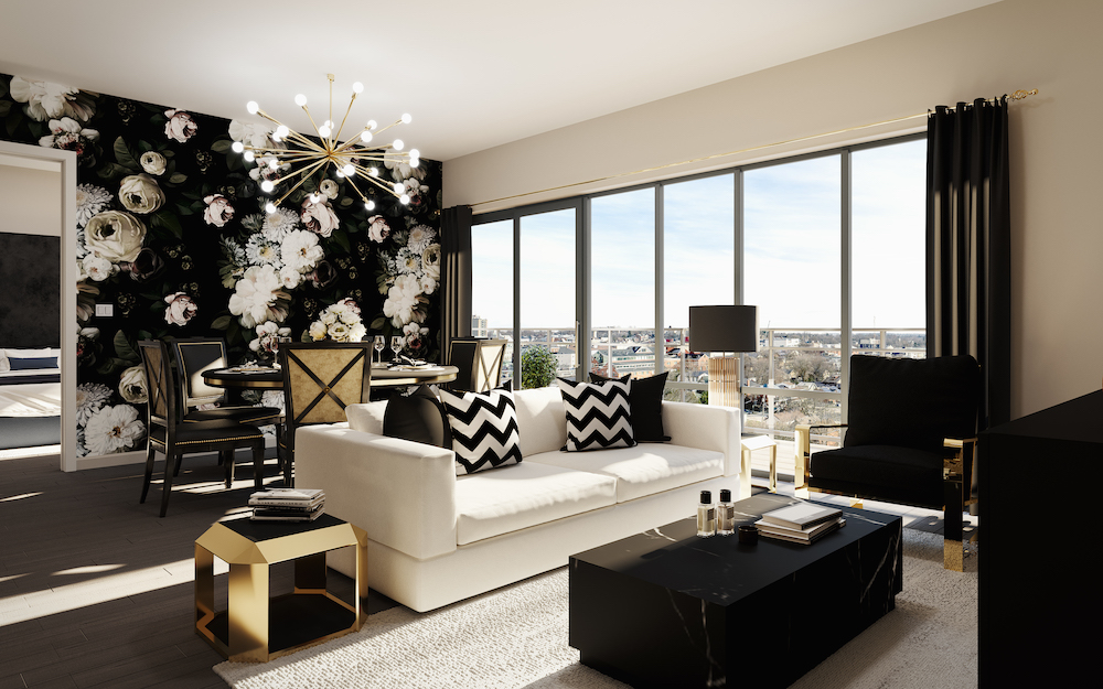 modern living room with floral wallpaper and white couch