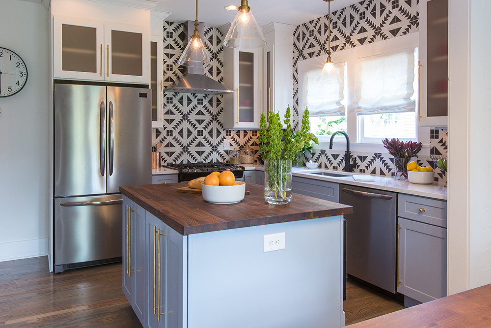 geometric kitchen backsplash in kitchen with lavender cabinets