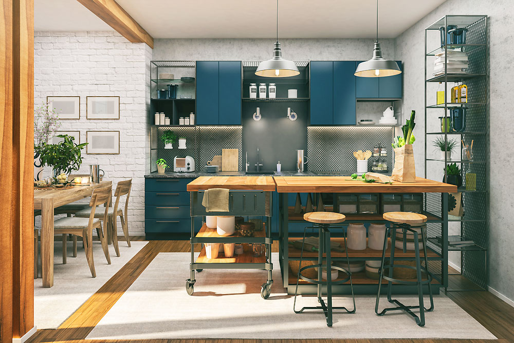 Wood island in kitchen with wood stools