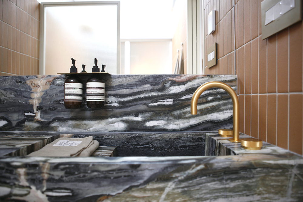 black and white marble sink, brass tap, two Aesop bottles