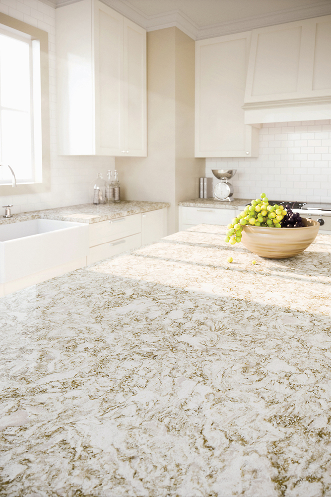 Large quart kitchen counter top with intricate design in white and brown.
