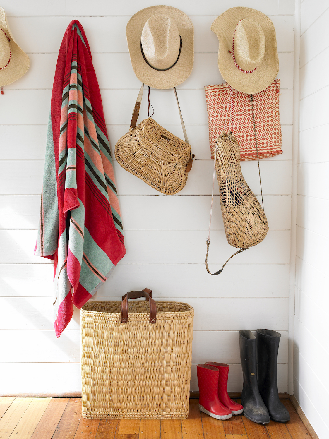 Hooks on a wall for hats, bags and towels