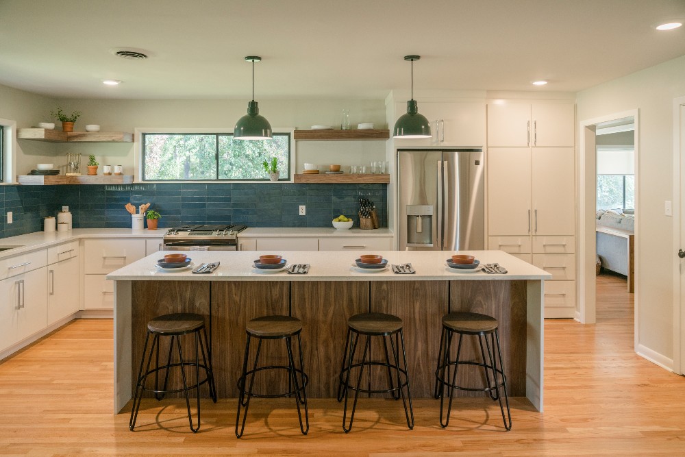 Modern kitchen with walnut lined island