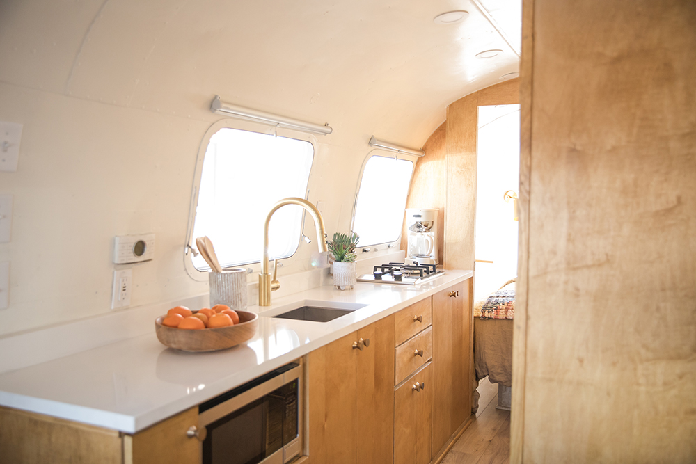 small kitchen in an airstream