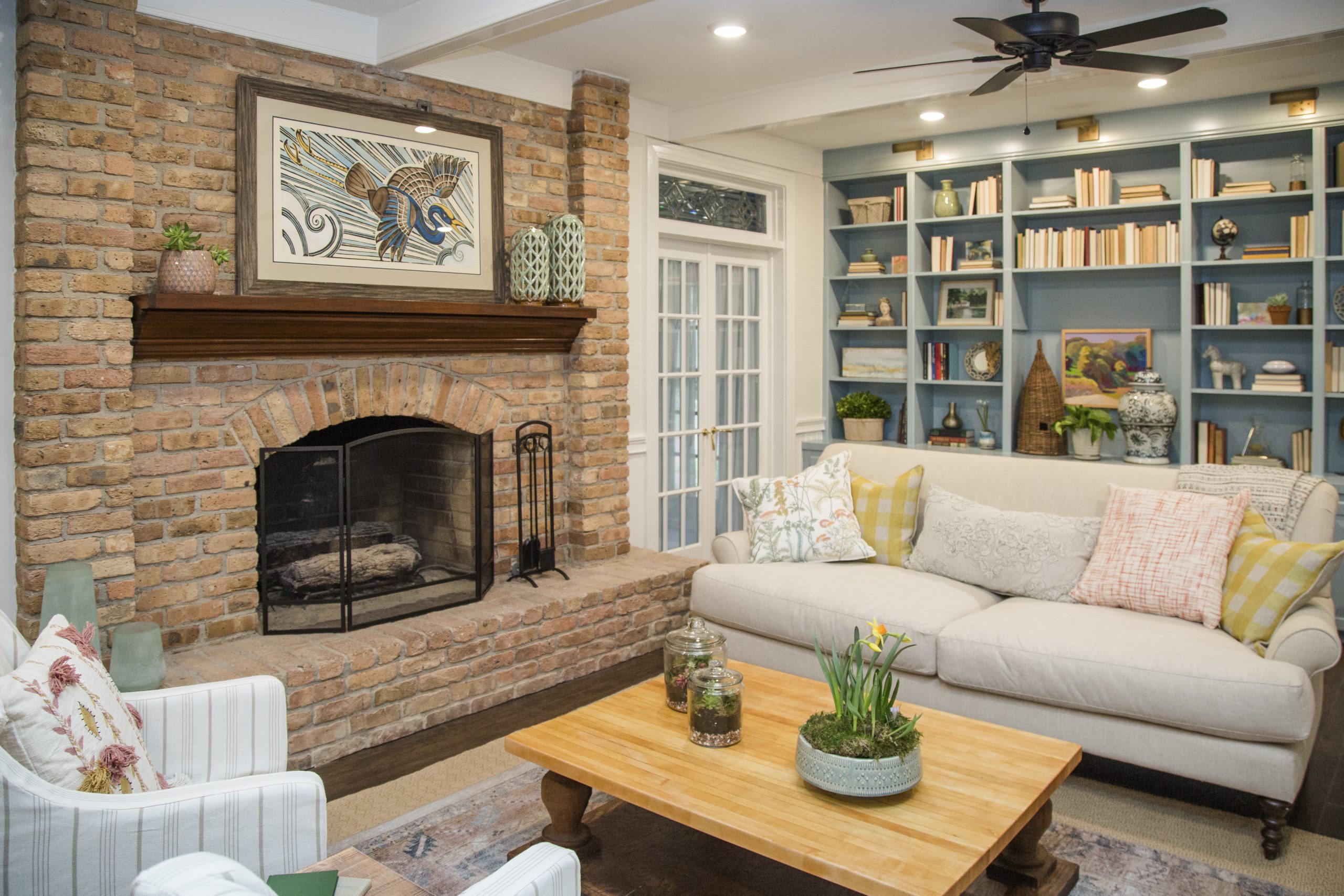 Cozy family room with large brick hearth